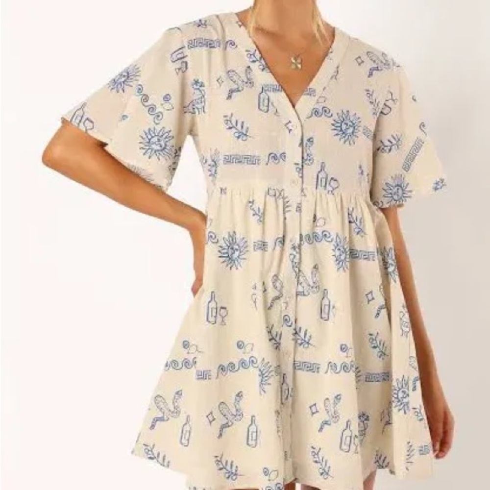Petal & Pup Beige Short Dress with Blue Print
